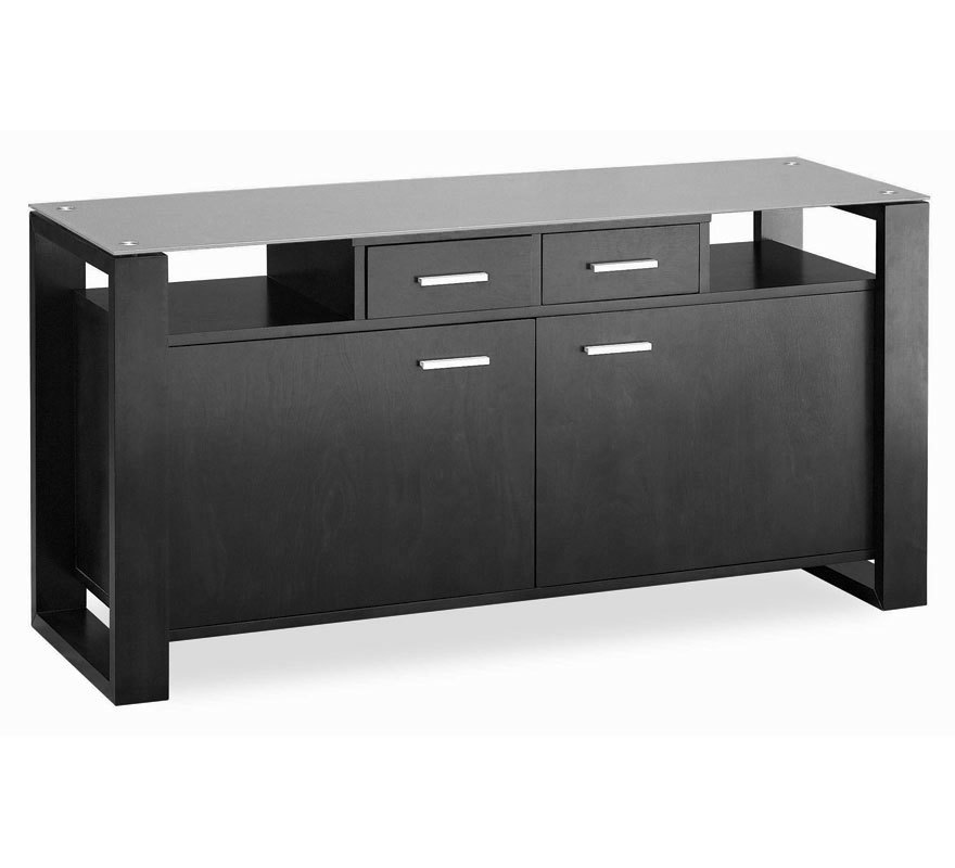 Buffet bas LAYTON 2 portes en chene - coloris wenge - verre transparent