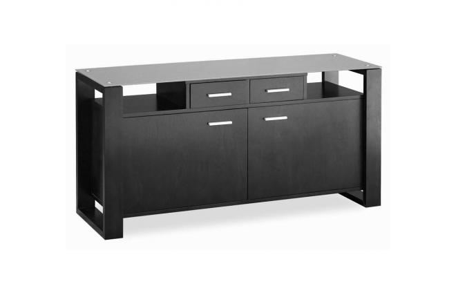 Buffet bas LAYTON 2 portes en chene - coloris wenge - verre transparent