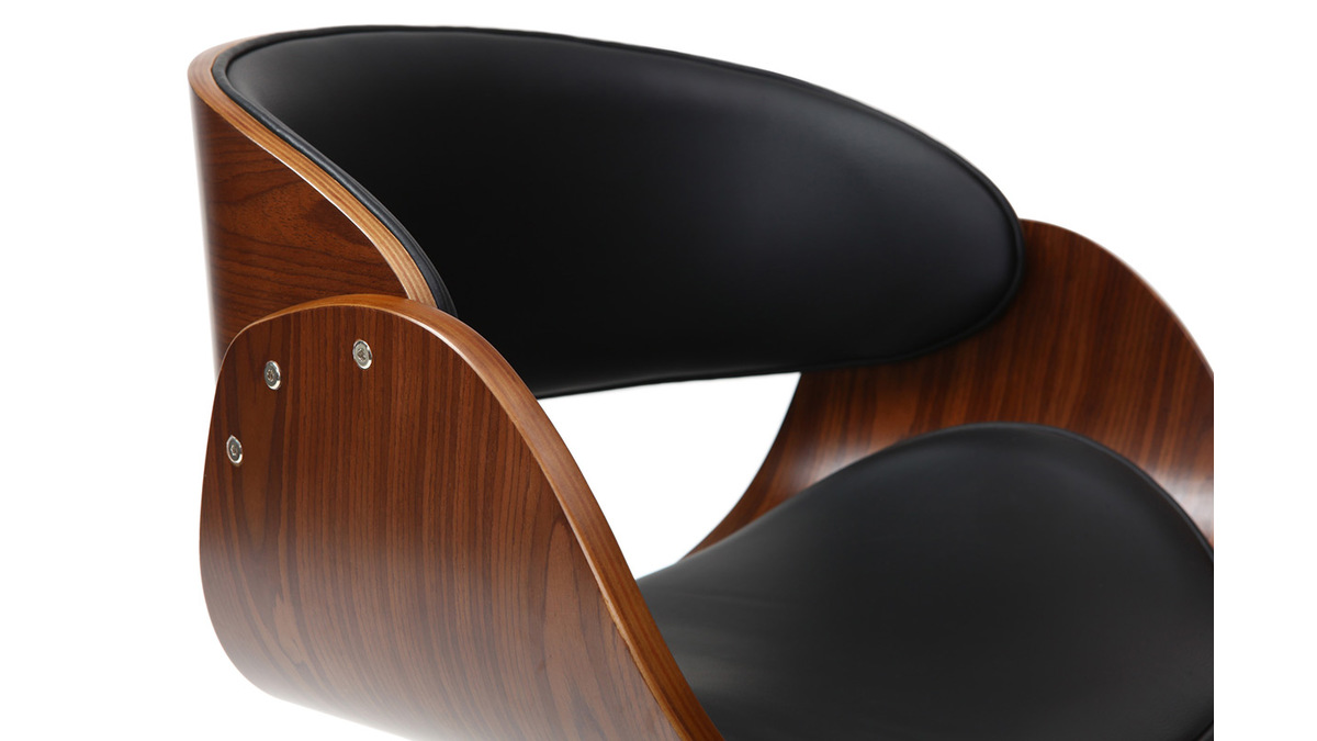 Chaise de bureau  roulettes design noir, bois fonc noyer et acier chrom  BENT