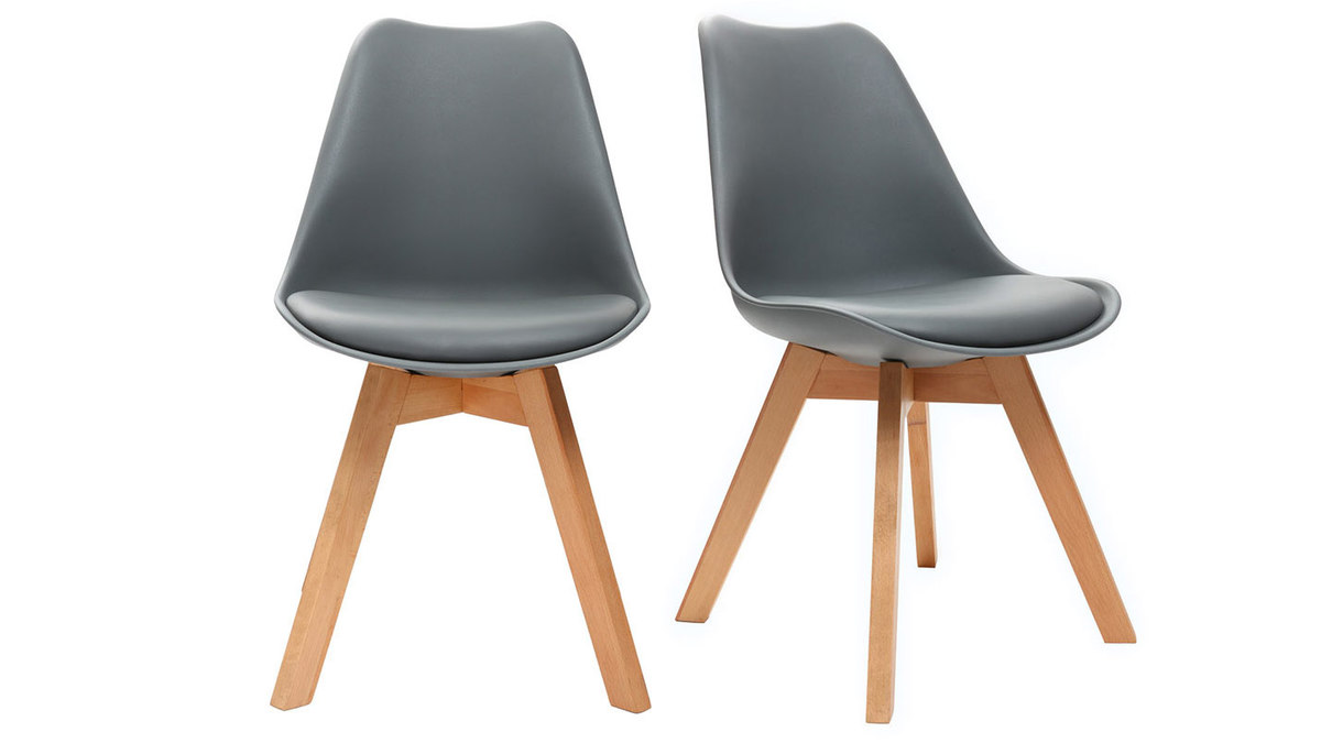 Chaises design grises avec pieds bois clair massif (lot de 2) PAULINE