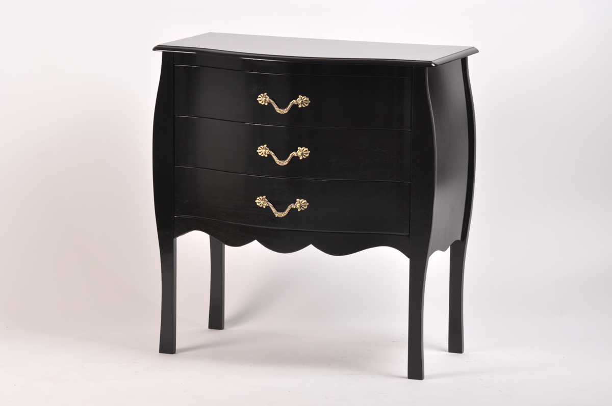 Commode 3 tiroirs LOUISA, poign&eacute;es noires - style baroque coloris noir