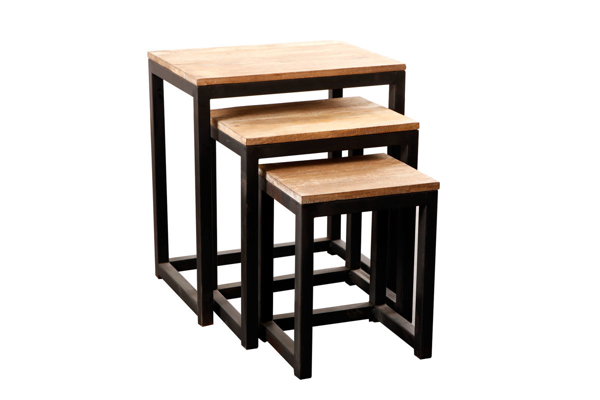 Lot de 3 tables gigognes industrielles m&eacute;tal et bois FACTORY