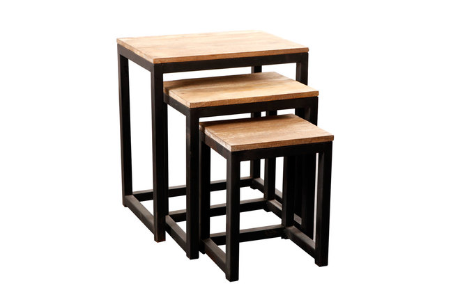 Lot de 3 tables gigognes industrielles m&eacute;tal et bois FACTORY