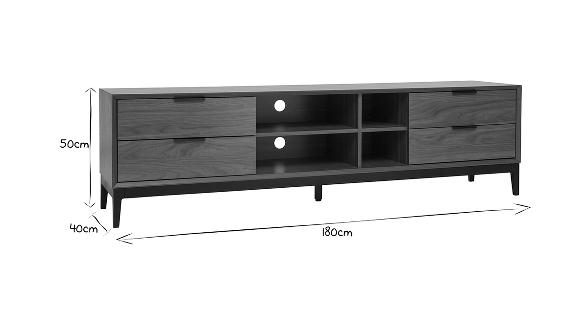 Meuble TV vintage finition bois fonc noyer et mtal noir avec rangements L180 cm SARTO