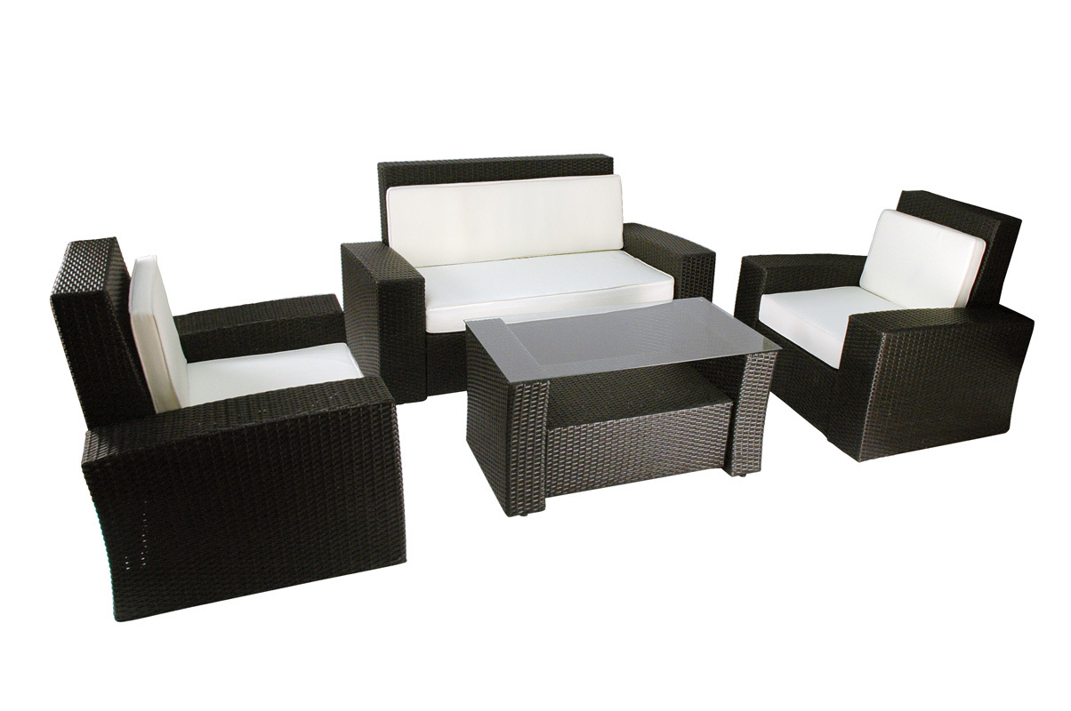 Salon de jardin BORA BORA - 2 fauteuils, 1 canap&eacute; 2 places & 1 table basse - Coloris Noir