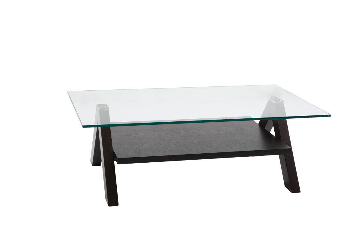 Table basse de salon design rectangulaire BAILEY coloris weng&eacute; et plateau en verre tremp&eacute; image 1