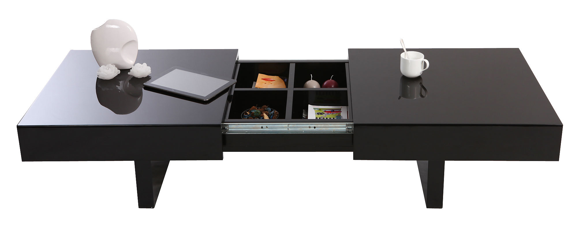 Table basse design laqu&eacute;e noire plateaux ouvrants GISSY