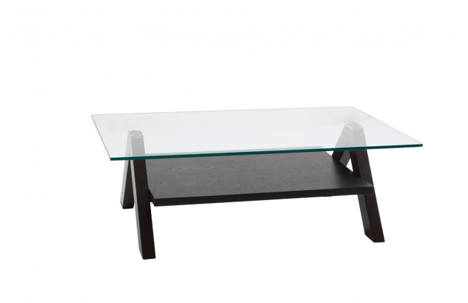 Table basse design weng&eacute; et plateau en verre tremp&eacute; rectangulaire Bailey