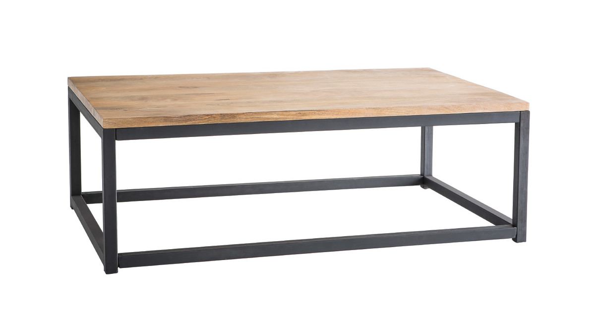 Table basse rectangulaire bois clair manguier massif et mtal noir L120 cm FACTORY