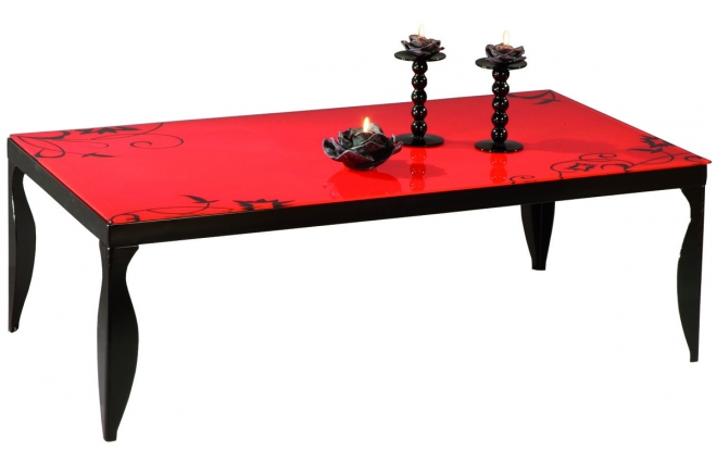 Table basse rouge moderne en acier laqu&eacute; et verre tremp&eacute; Baroca