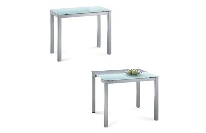 Table de cuisine / salle &agrave; manger moderne &agrave; rallonge en m&eacute;tal laqu&eacute; et verre tremp&eacute; blanc New Baltimore