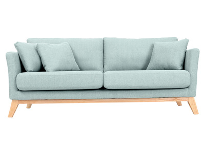 Canap&eacute; scandinave d&eacute;houssable 3 places en tissu vert lagon et bois clair OSLO