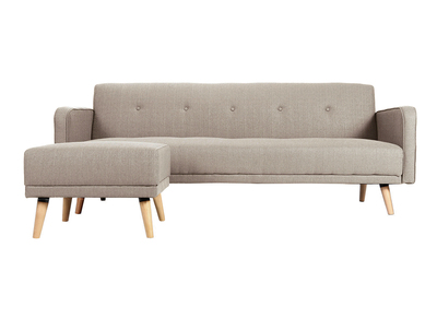Canap&eacute; convertible scandinave 3 places avec repose-pieds en tissu beige et bois clair ULLA
