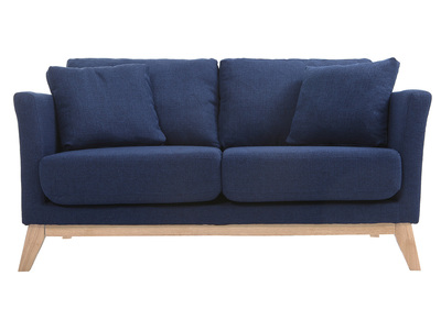 Canap&eacute; scandinave d&eacute;houssable 2 places en tissu bleu fonc&eacute; et bois clair OSLO