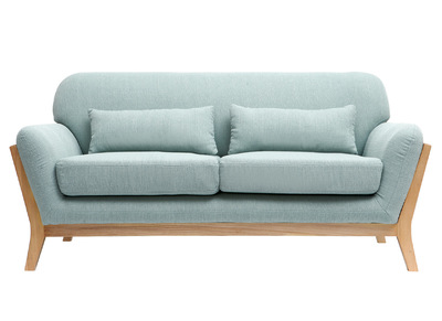 Canap&eacute; scandinave 2 places en tissu vert lagon et bois clair YOKO