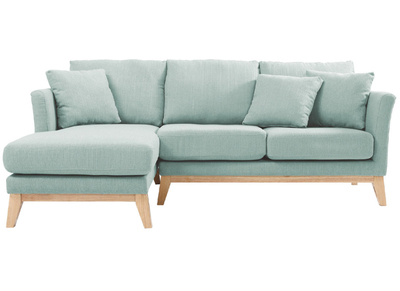 Canap&eacute; d'angle gauche d&eacute;houssable scandinave en tissu vert lagon et bois clair 3-4 places OSLO