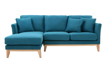 Canap&eacute; d'angle gauche scandinave bleu canard d&eacute;houssable et bois clair 3-4 places OSLO
