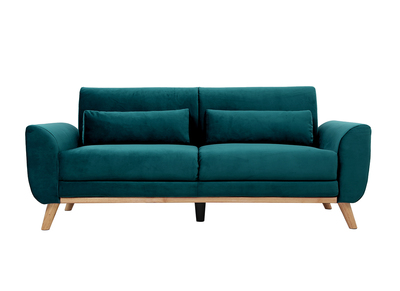 Canap&eacute; scandinave 3 places en tissu velours bleu p&eacute;trole et bois clair EKTOR