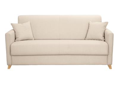 Canap&eacute; convertible 3 places en tissu beige et bois clair avec matelas 13 cm SKANDY