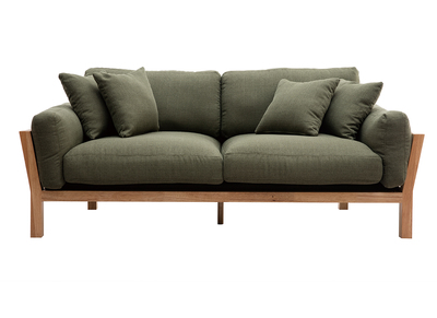 Canap&eacute; scandinave d&eacute;houssable 3 places en tissu vert kaki et bois clair KYO
