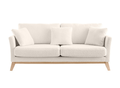 Canap&eacute; scandinave d&eacute;houssable 3 places en tissu effet laine boucl&eacute;e blanc cass&eacute; et bois clair OSLO