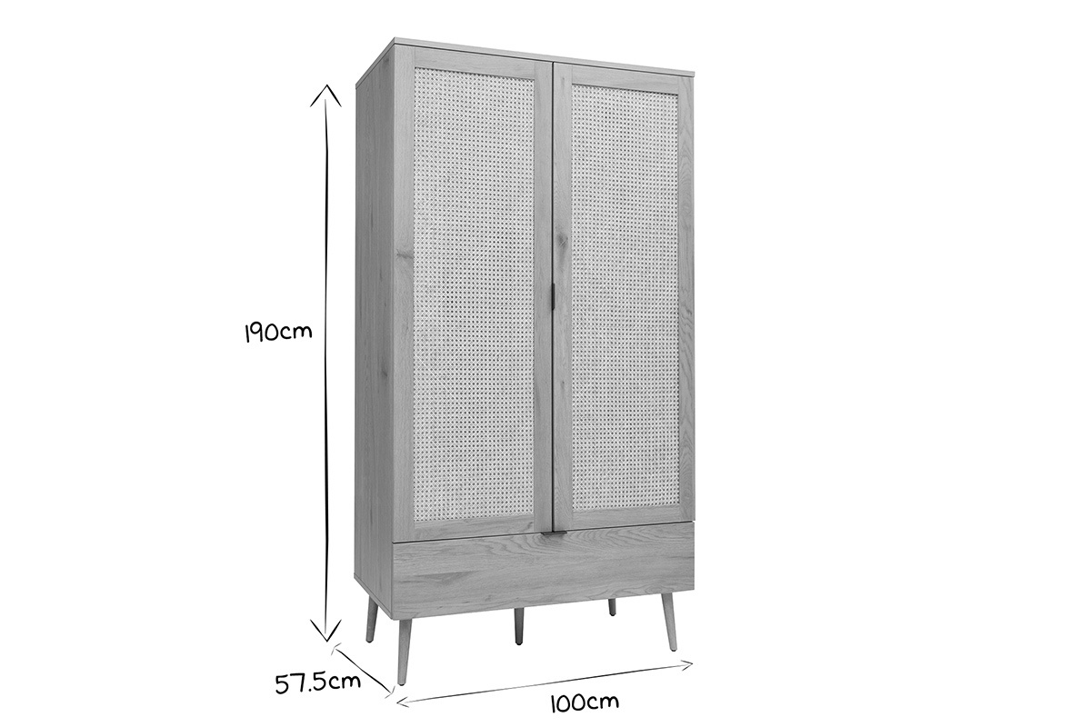 Armoire finition bois clair, cannage en rotin et mtal noir L100 cm MANILLE