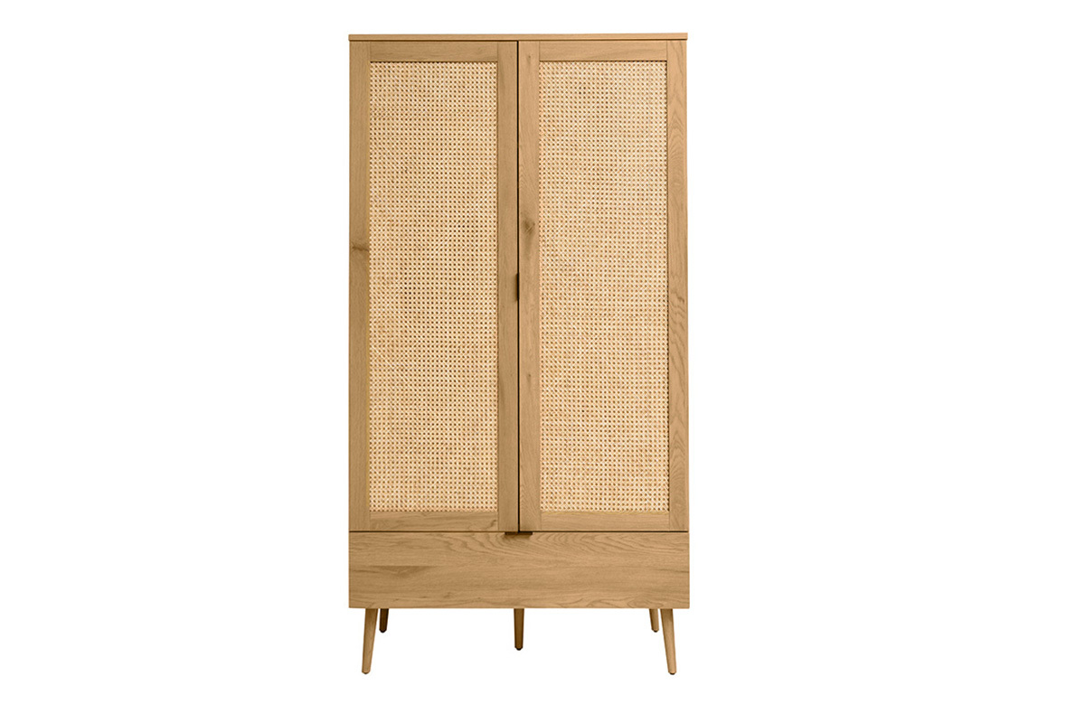 Armoire finition bois clair, cannage en rotin et mtal noir L100 cm MANILLE