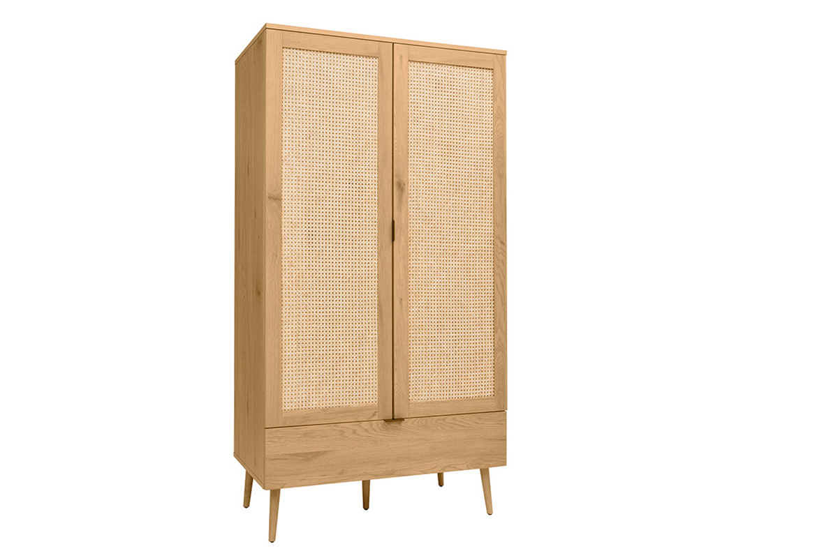 Armoire finition bois clair, cannage en rotin et mtal noir L100 cm MANILLE