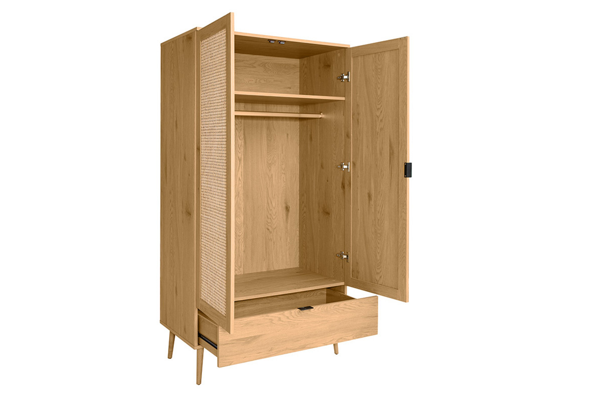 Armoire finition bois clair, cannage en rotin et mtal noir L100 cm MANILLE