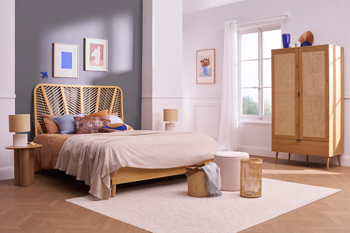 Armoire finition bois clair, cannage en rotin et mtal noir L100 cm MANILLE