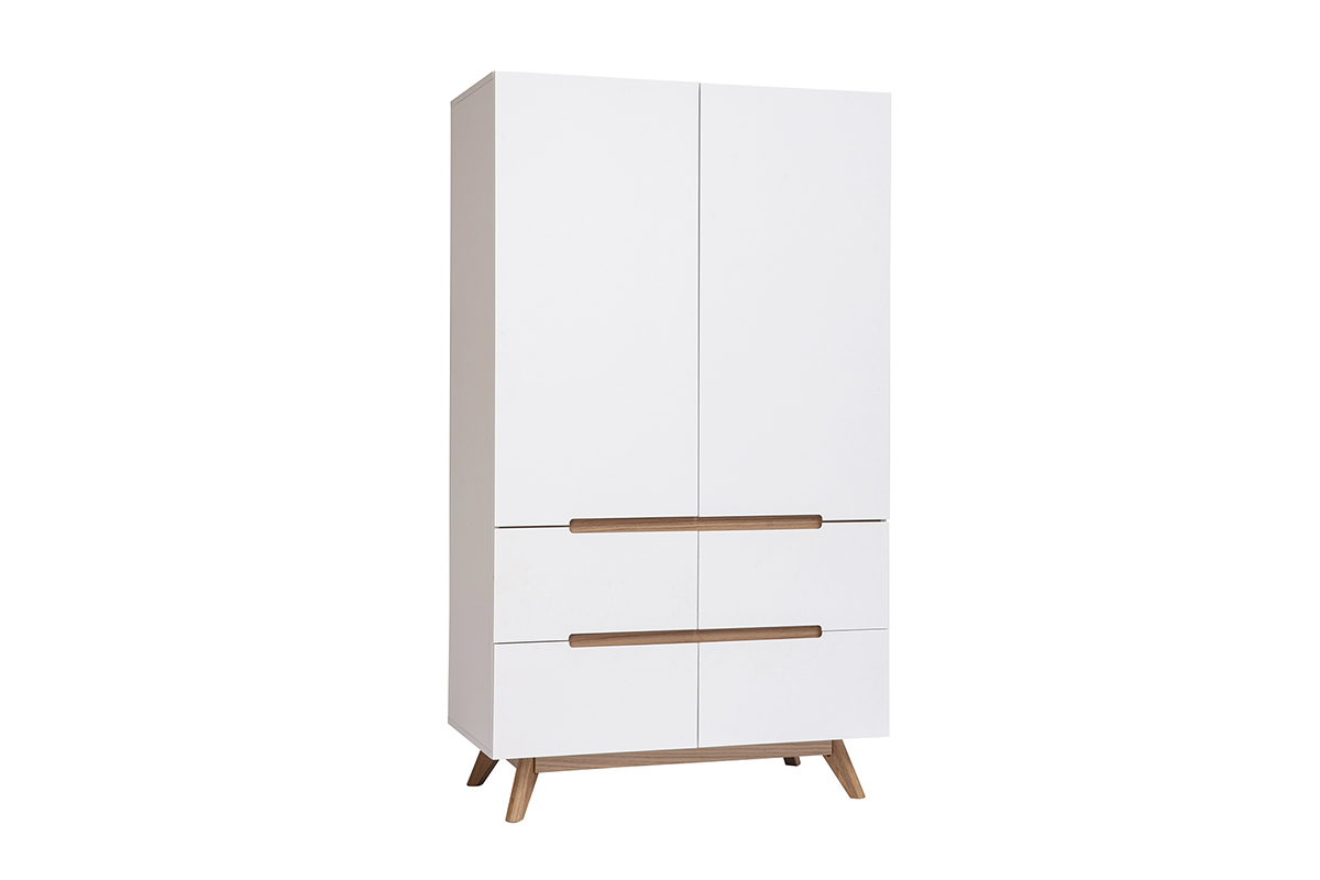 Armoire scandinave avec penderie et tiroirs finition blanc mat et bois ch�ne clair L100 cm KELMA