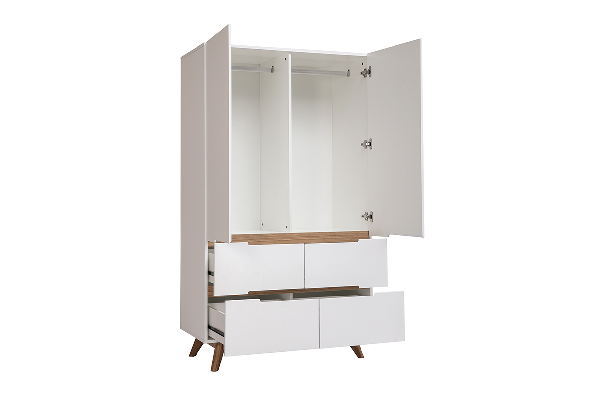 Armoire scandinave avec penderie et tiroirs finition blanc mat et bois ch�ne clair L100 cm KELMA
