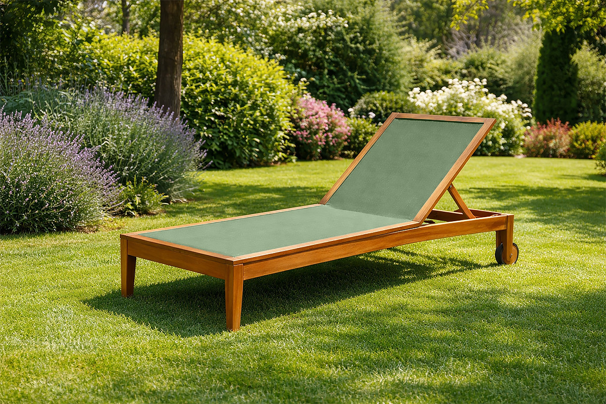 Bain de soleil vert kaki et bois massif NAVEEN