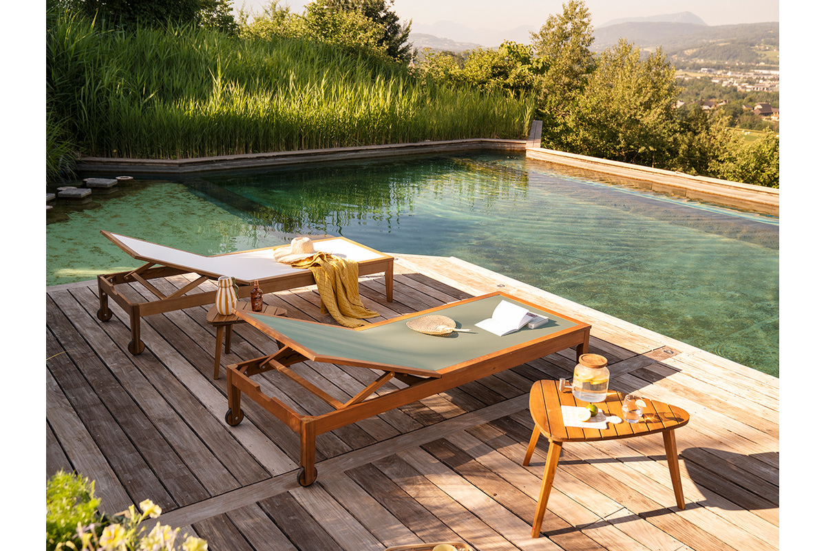 Bains de soleil vert kaki et bois massif (lot de 2) NAVEEN
