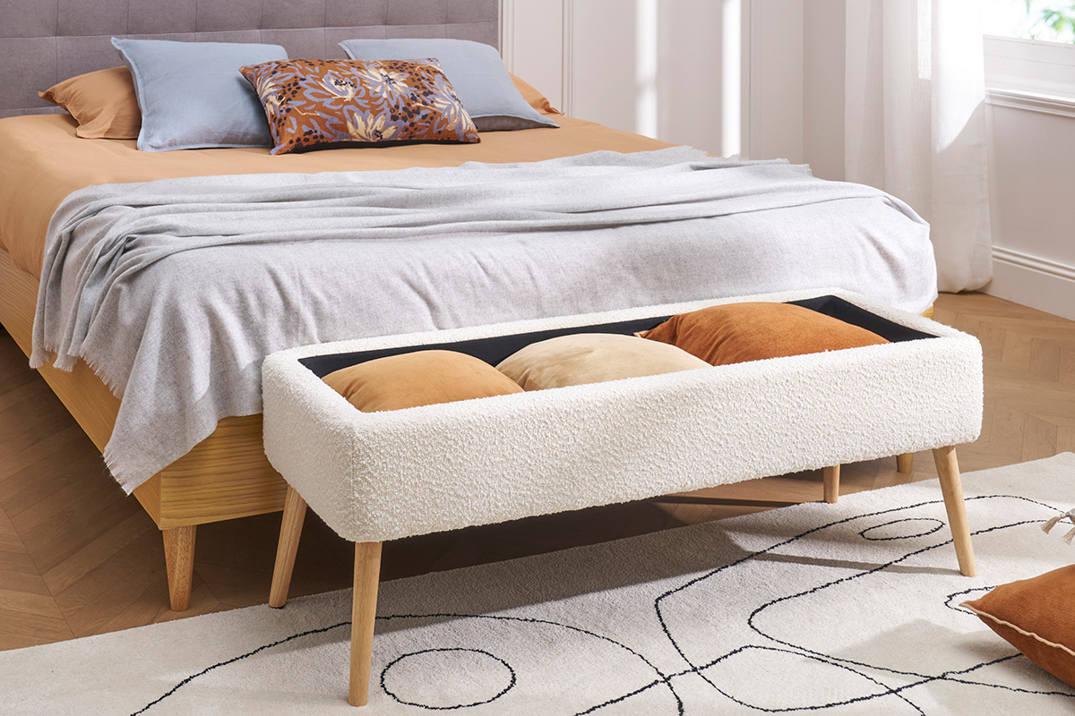 Banc coffre effet laine boucle blanc et bois clair massif L120 cm LARS