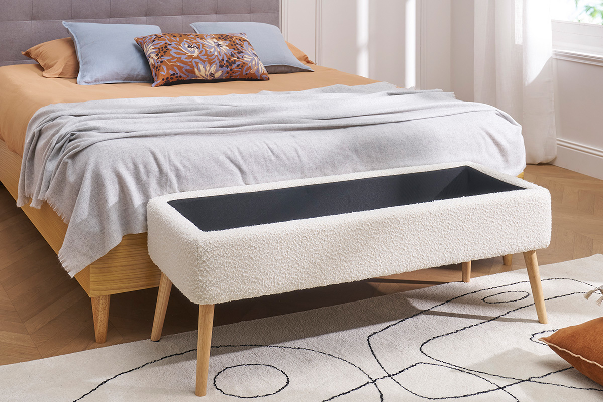 Banc coffre effet laine boucle blanc et bois clair massif L120 cm LARS