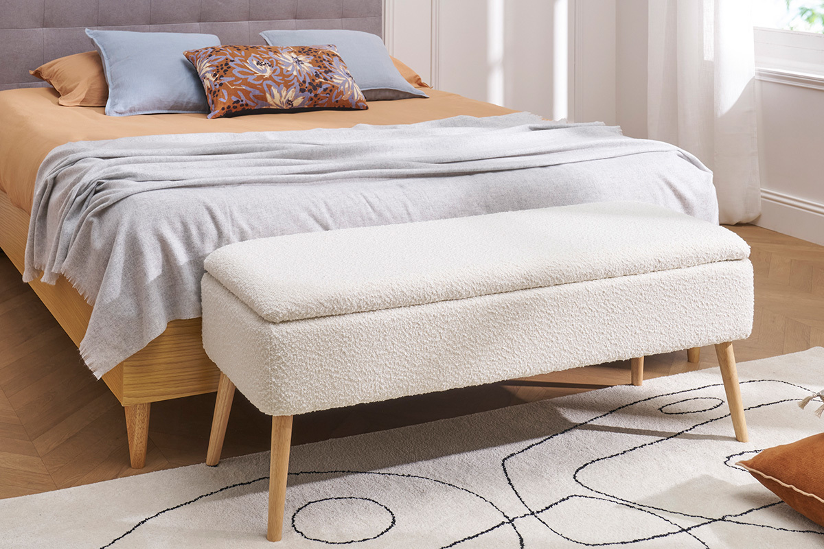Banc coffre effet laine boucle blanc et bois clair massif L120 cm LARS