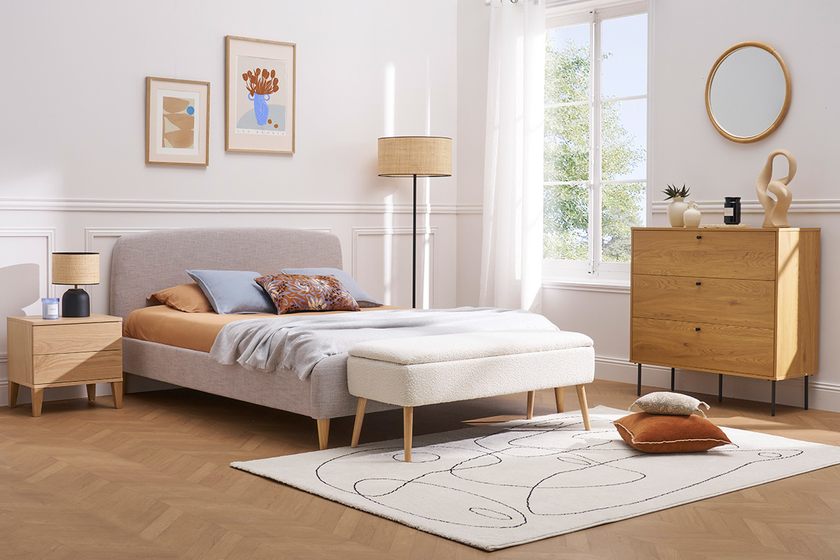 Banc coffre effet laine boucle blanc et bois clair massif L120 cm LARS