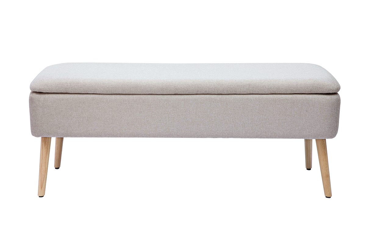 Banc coffre en tissu effet velours textur beige et bois clair massif L120 cm LARS