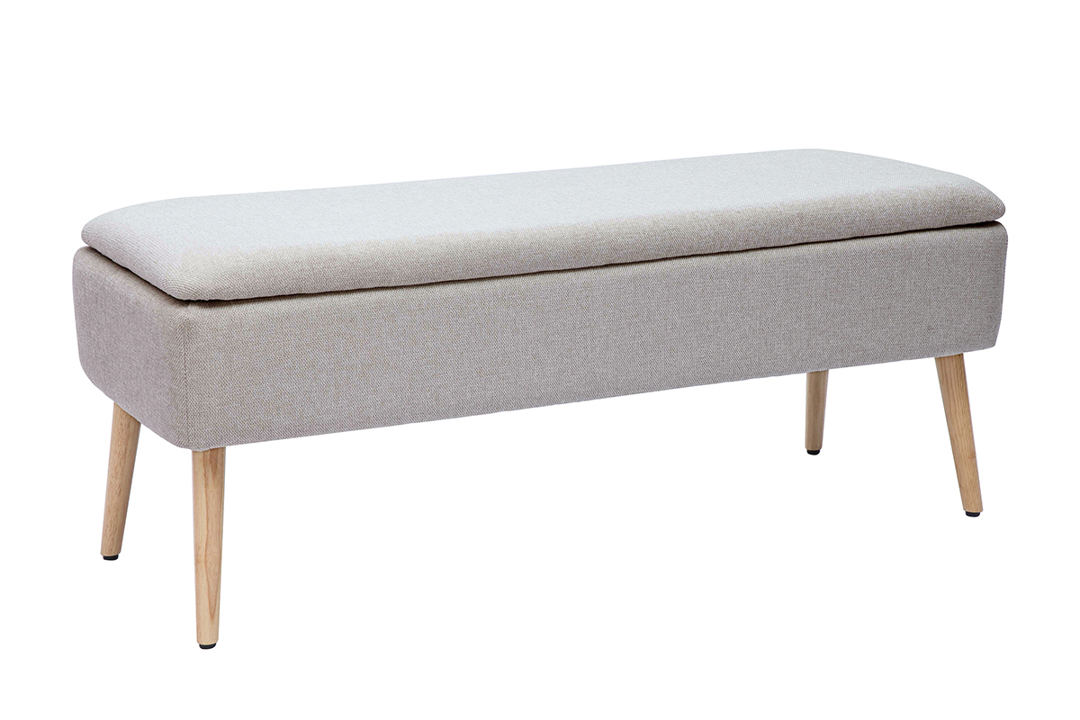 Banc coffre en tissu effet velours textur beige et bois clair massif L120 cm LARS