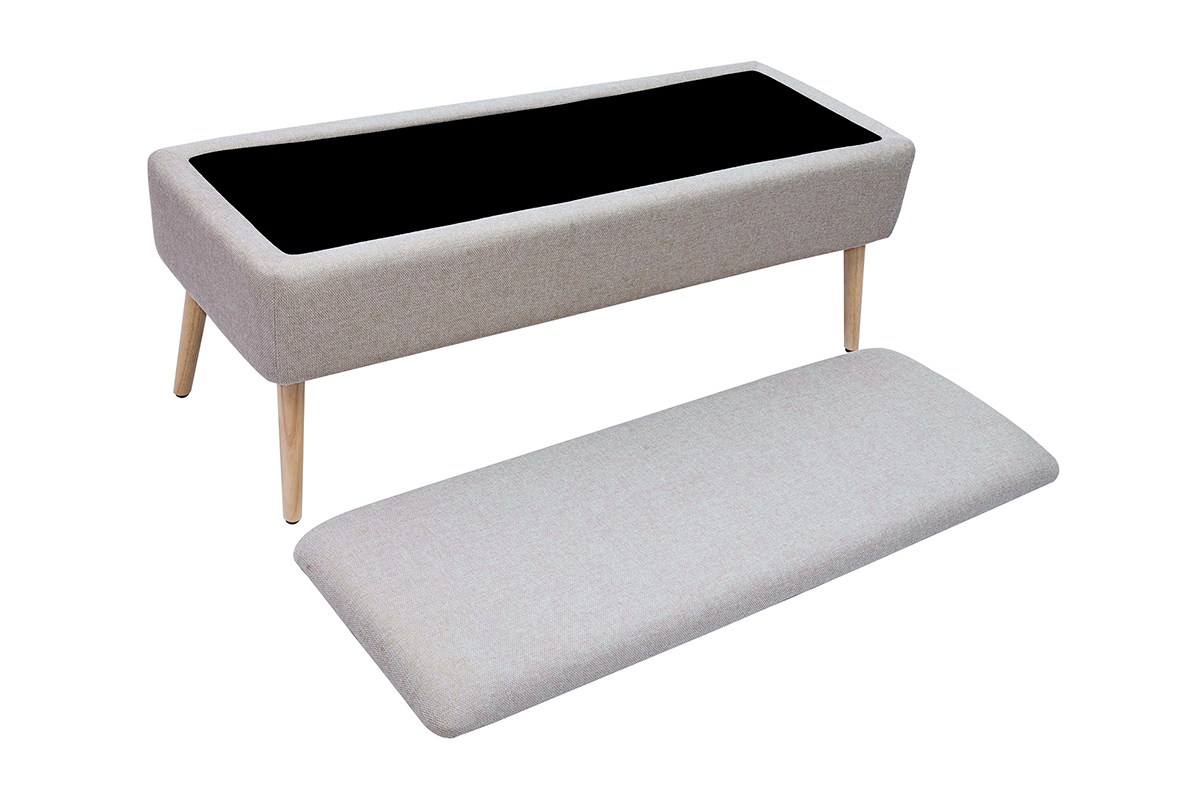 Banc coffre en tissu effet velours textur beige et bois clair massif L120 cm LARS