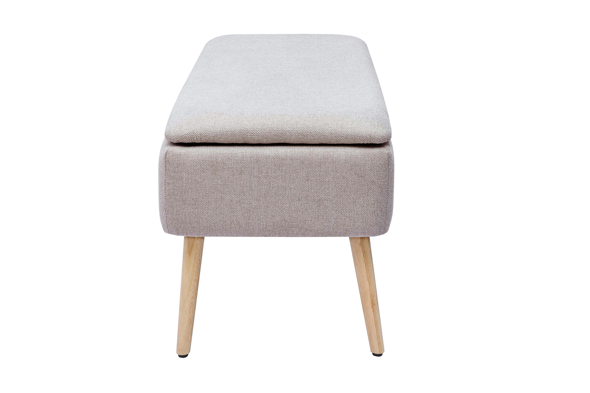 Banc coffre en tissu effet velours textur beige et bois clair massif L120 cm LARS
