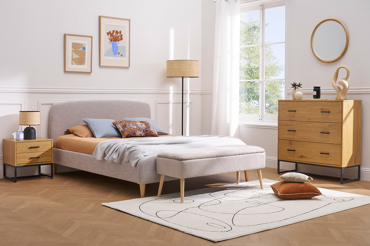 Banc coffre en tissu effet velours textur beige et bois clair massif L120 cm LARS