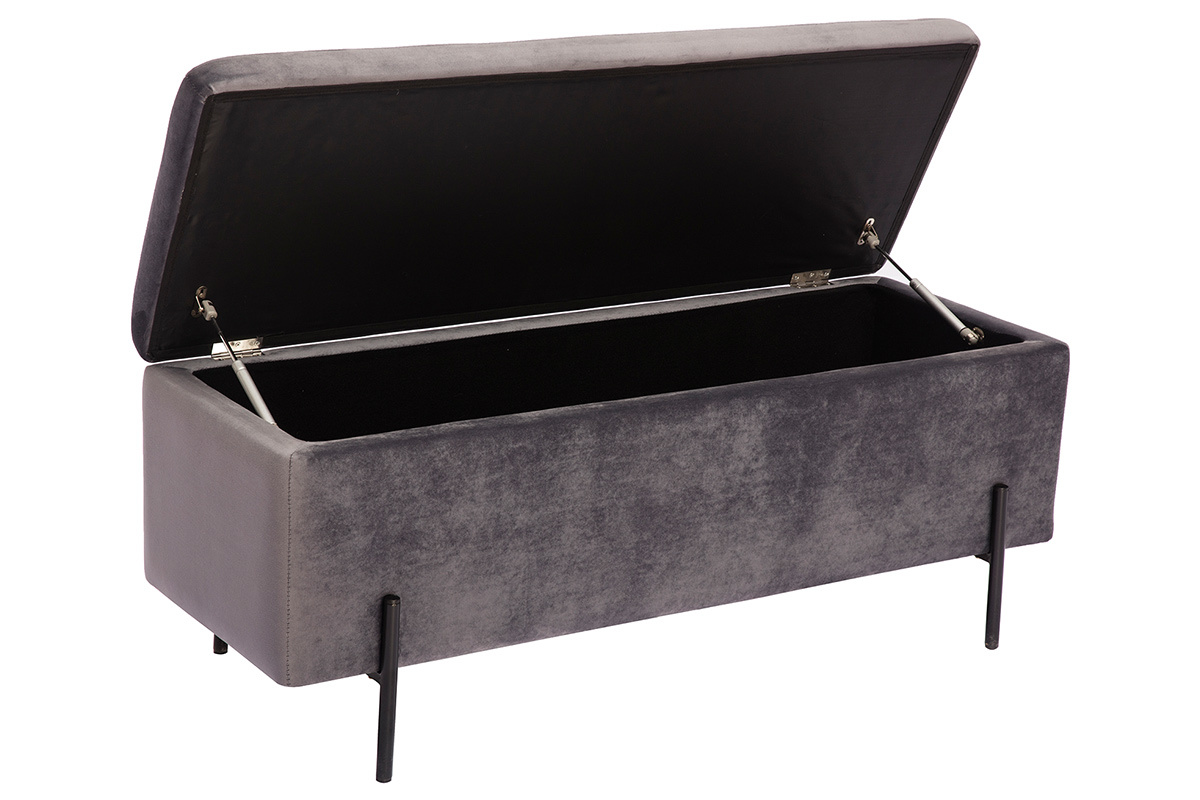 Banc coffre en tissu velours gris fonc et mtal noir L120 cm ADONIS