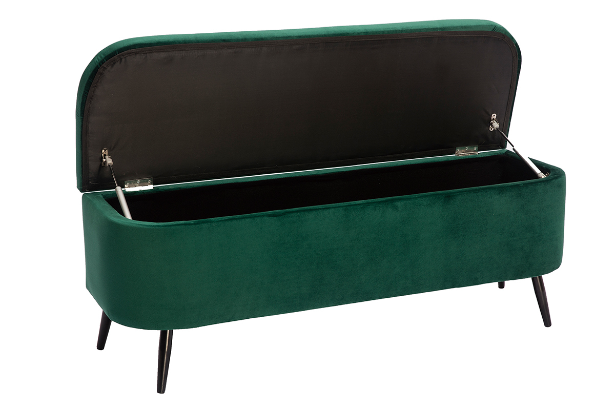 Banc coffre en tissu velours vert et m�tal noir L120 cm ATON