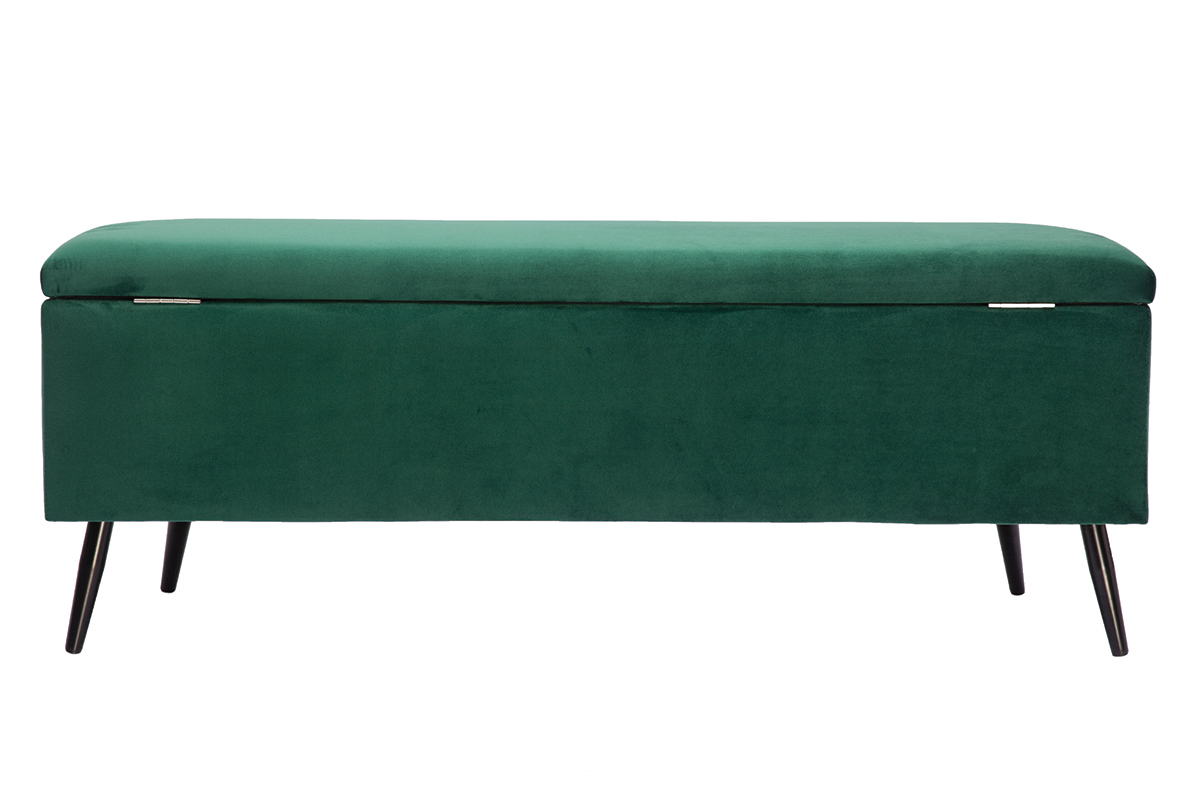 Banc coffre en tissu velours vert et m�tal noir L120 cm ATON