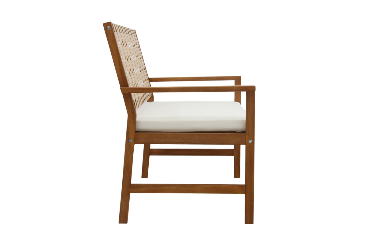 Banc de jardin en bois massif 2 places avec coussin blanc et sangles L114 cm SANTANA