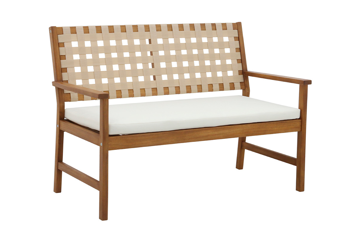 Banc de jardin en bois massif 2 places avec coussin blanc et sangles L114 cm SANTANA