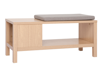 Banc d'entrée avec rangement finition bois clair chêne avec coussin banquette grège L100 cm GUMBY