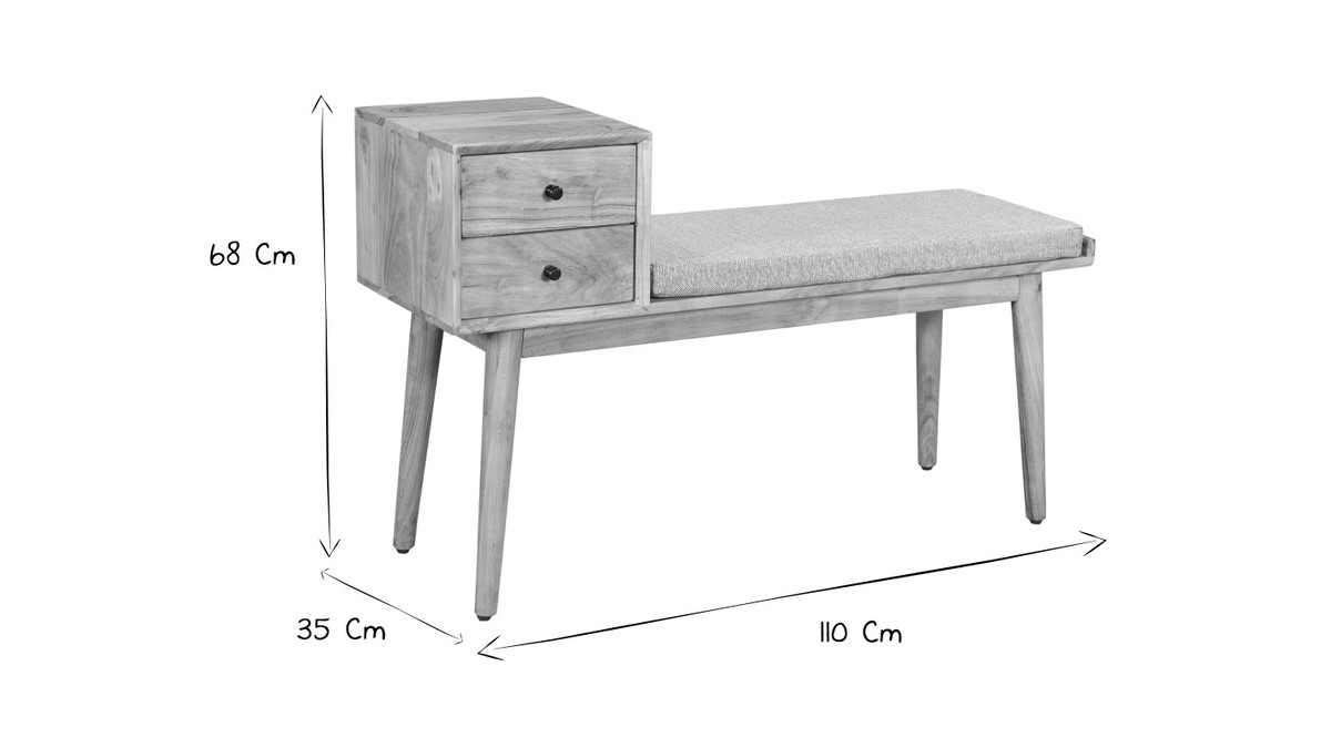 Banc d'entre avec rangements 2 tiroirs en bois clair massif L110 cm ALTY